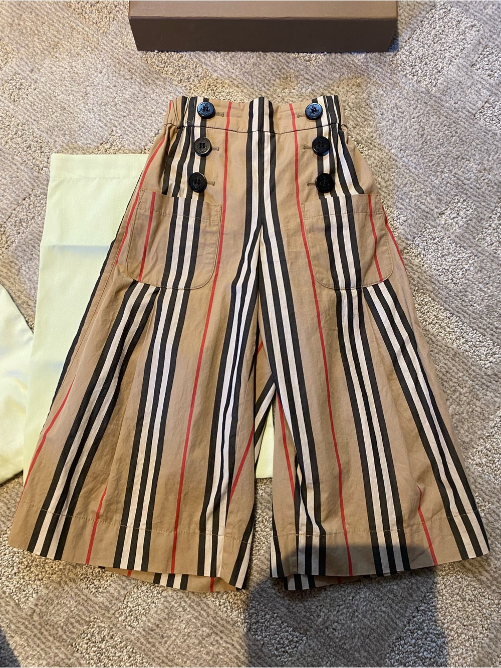 Burberry Tan Striped Wide-Leg Kids Trousers with Red & Black Accents 3T